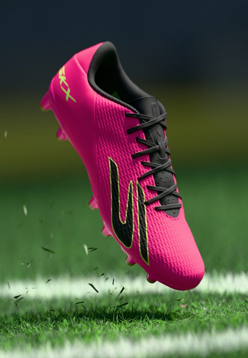 Rosa Fußballschuh mit strukturiertem Obermaterial, schwarzen Schnürsenkeln und Logo. Verfügt über schwarze Akzente und Stollen für Trittsicherheit auf Rasen.