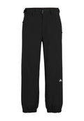 Schwarze Hose aus leichtem Stoff, mit lockerer Passform, elastischen Bündchen, Gürtelschlaufen und einem kleinen bunten Logo am unteren Bein.