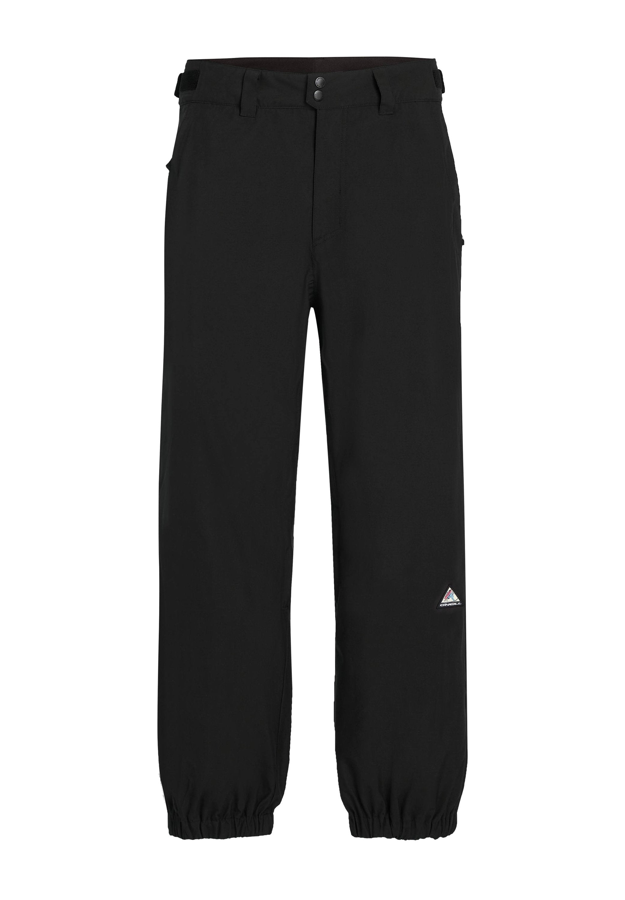 Schwarze Hose aus leichtem Stoff, mit lockerer Passform, elastischen Bündchen, Gürtelschlaufen und einem kleinen bunten Logo am unteren Bein.