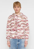 Kapuzenshirt mit Reißverschluss in Creme, Pink und beigem Camouflage-Muster. Verfügt über lange Ärmel, Zugbänder und ein kleines Logo auf der Brust.