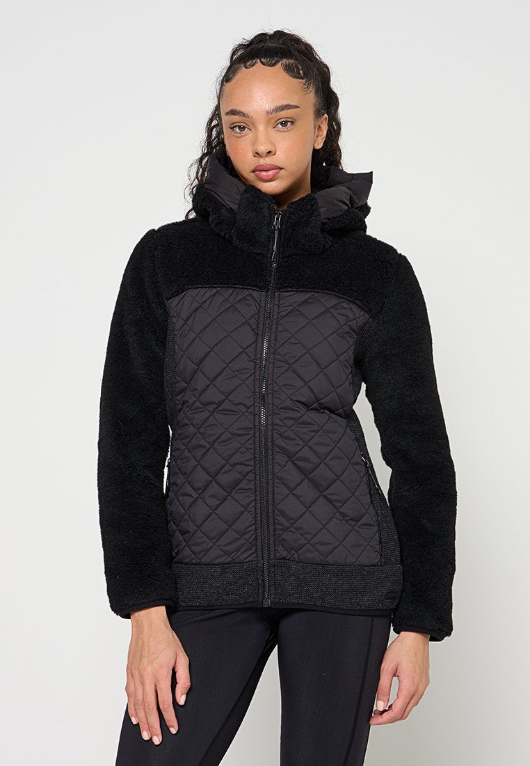 Schwarze Jacke mit Reißverschluss, gesteppter Vorderseite, samtiger Textur an den Ärmeln und Kapuze. Fleece-Material und gerippter Saum.