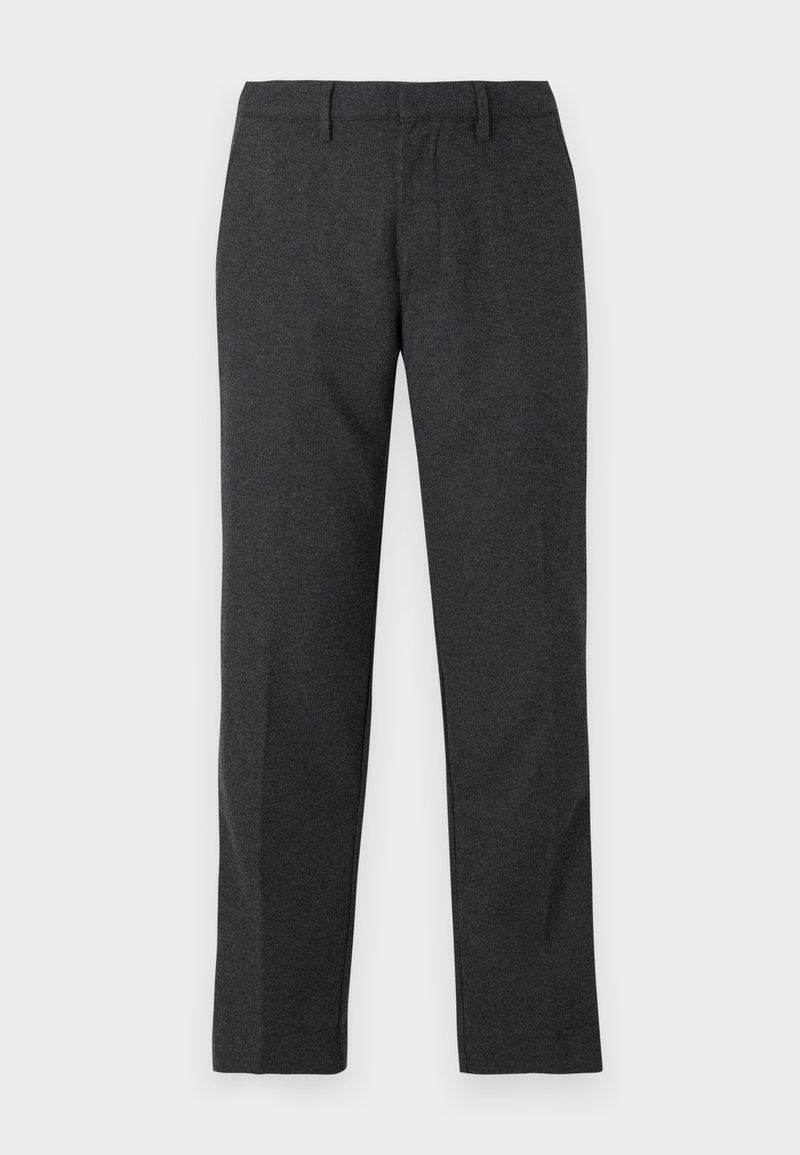Dunkelgraue, maßgeschneiderte Hose mit glatter Textur, geraden Beinen, Fronttaschen und Gürtelschlaufen für eine verstellbare Passform.