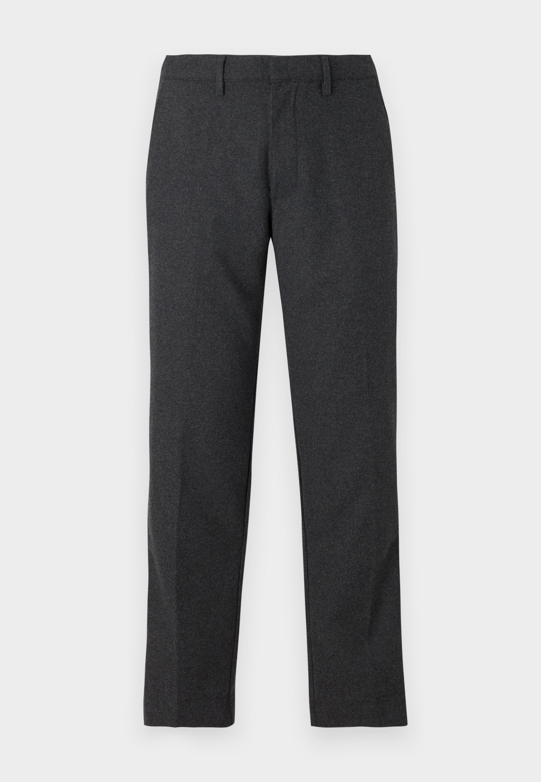 Dunkelgraue, maßgeschneiderte Hose mit glatter Textur, geraden Beinen, Fronttaschen und Gürtelschlaufen für eine verstellbare Passform.