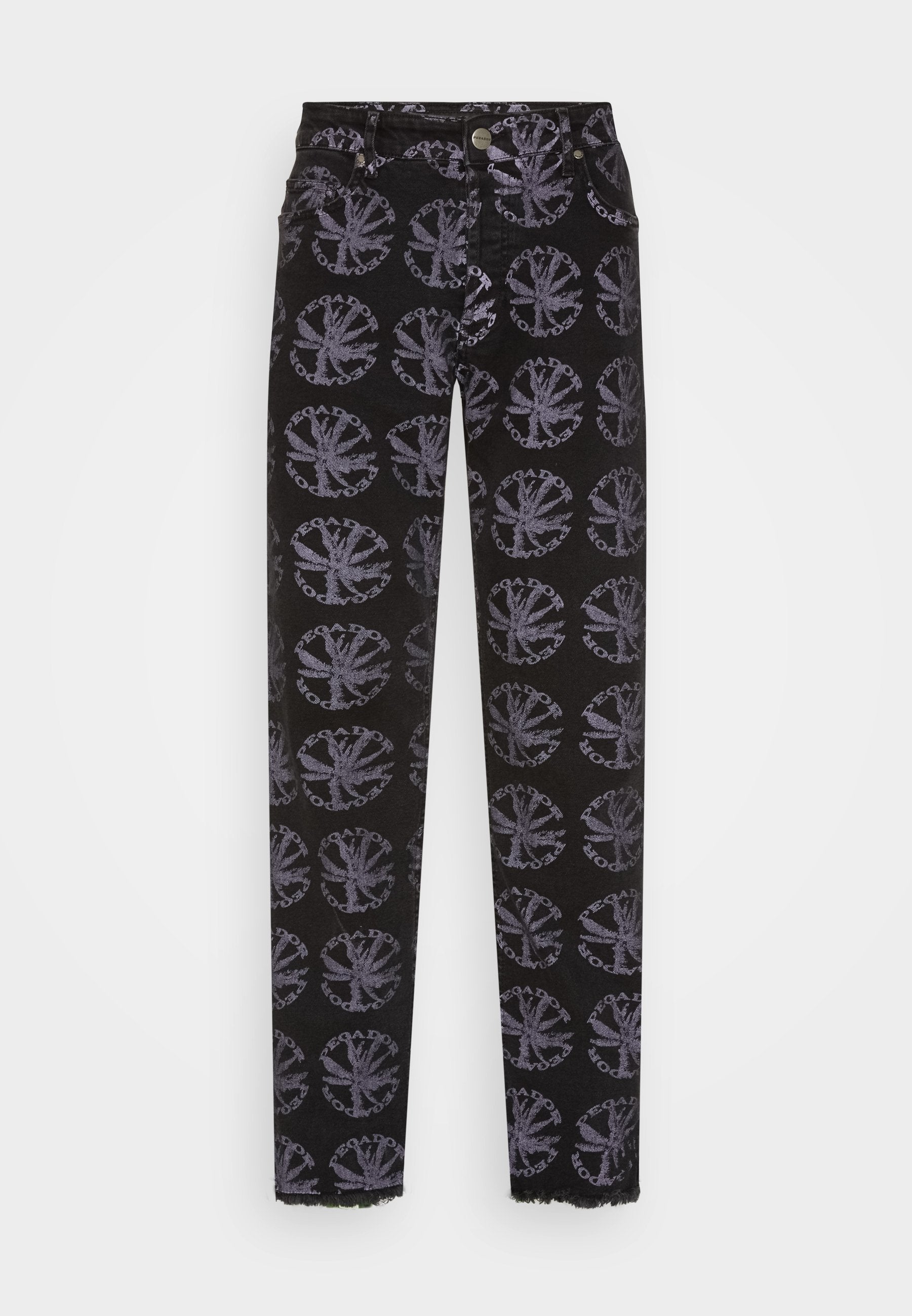 Schwarze Denim-Hosen mit einem wiederholten grafischen Muster in Hellgrau. Das Design umfasst kreisförmige Motive mit blattähnlichen Akzenten und einem fransigen Saum.