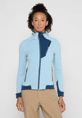 Hellblaue Zip-Jacke mit Kapuze, kontrastierenden dunkelblauen Akzenten und Reißverschlusstaschen, aus strukturiertem Material gefertigt. Besitzt ein tailliertes Design.