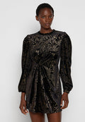 Schwarzes Samtkleid mit metallic-goldenem Sternmuster, Rundhalsausschnitt, gepufften langen Ärmeln und einem verdrehten Vorderdesign. Kurze Länge.