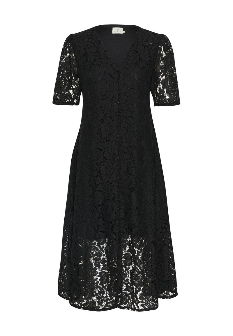 Schwarzes Spitzenkleid mit kurzen Ärmeln, V-Ausschnitt, vorderen Knöpfen und Blumenmustern. Fließende Silhouette, knielang mit einer geschichteten Textur.
