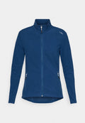Blaue Fleecejacke mit hohem Kragen, Frontreißverschluss und Seitentaschen. Sie hat eine glatte Textur und ein schlankes Design.