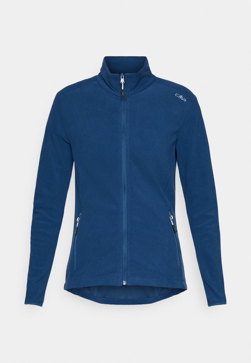 Blaue Fleecejacke mit hohem Kragen, Frontreißverschluss und Seitentaschen. Sie hat eine glatte Textur und ein schlankes Design.