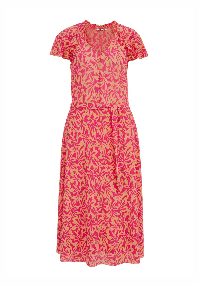 Blumenkleid mit pinken und gelben Mustern, kurzen, flatterhaften Ärmeln, V-Ausschnitt, tailliert mit einem Gürtel, knielang, aus leichtem Material.