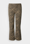 Braune und schwarze, zebra-gestreifte Schlaghosen mit glatter Textur und Standardbund, ausgestattet mit zwei Vordertaschen und Gürtelschlaufen.