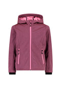 Rosafarbene Jacke mit Fleece-Futter und matter Oberfläche, verstellbarer Kapuze, vorderem Reißverschluss und zwei Seitentaschen mit rosa Reißverschlüssen. Schwarze Bündchen.