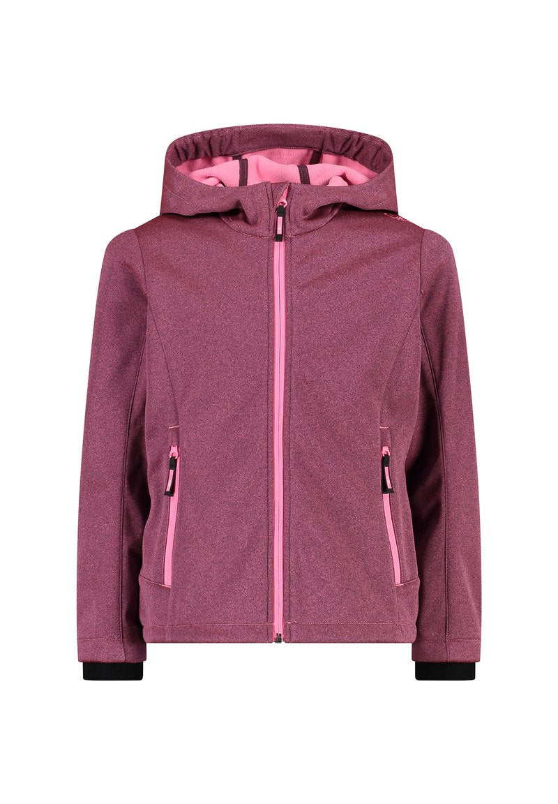 Rosafarbene Jacke mit Fleece-Futter und matter Oberfläche, verstellbarer Kapuze, vorderem Reißverschluss und zwei Seitentaschen mit rosa Reißverschlüssen. Schwarze Bündchen.