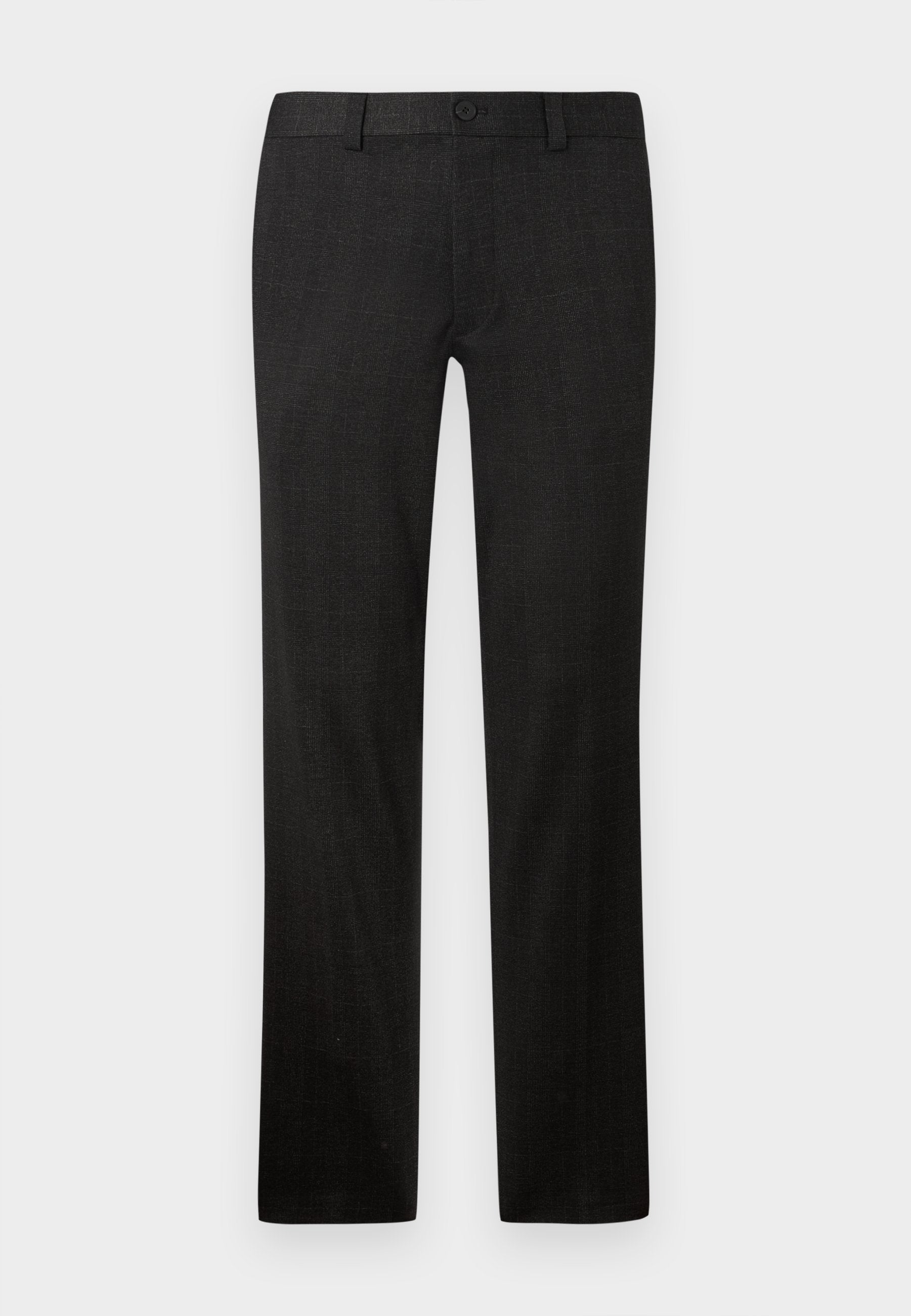 Schwarze Maßanzug-Hosen aus strukturiertem Stoff, mit geradem Beinanschnitt, Reißverschluss vorne und Knopfverschluss.