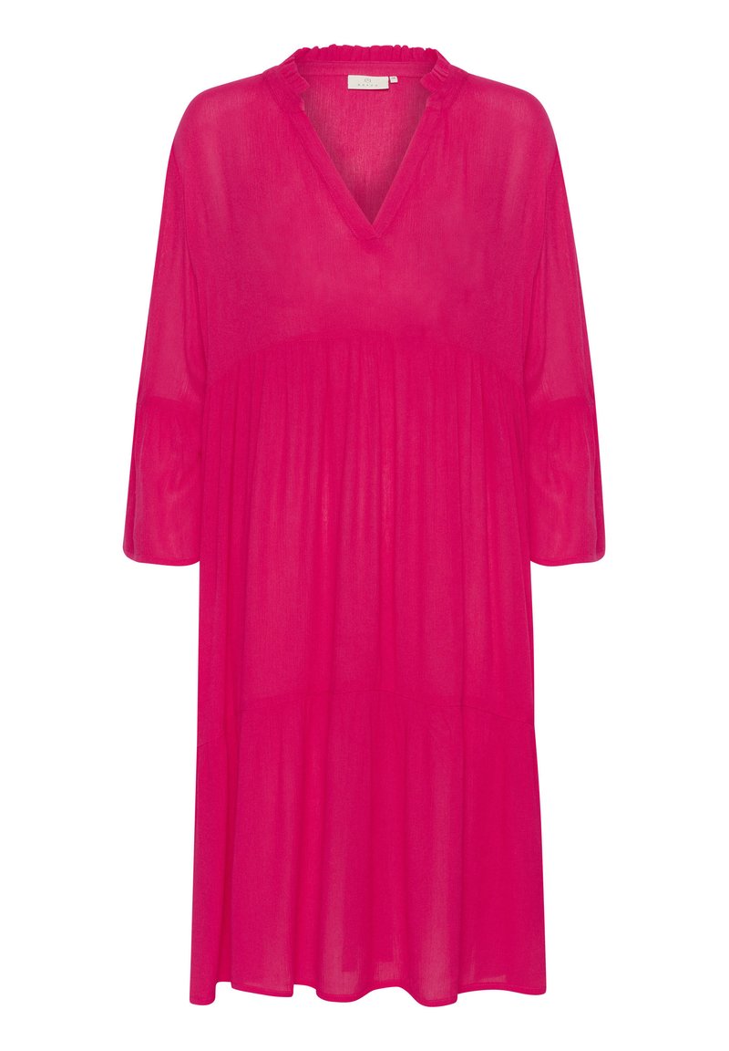 Rosa, transparente, knielanges Kleid mit V-Ausschnitt, gerüschtem Halsausschnitt, Dreiviertelärmeln und einem gestuften Rockdesign. Leichter Stoff.