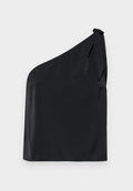 Schwarzes Top mit einem Schulterträger aus glattem Stoff, mit einem Bindedetail an der Schulter und einem lässigen Fit. Minimalistisches Design mit klaren Linien.