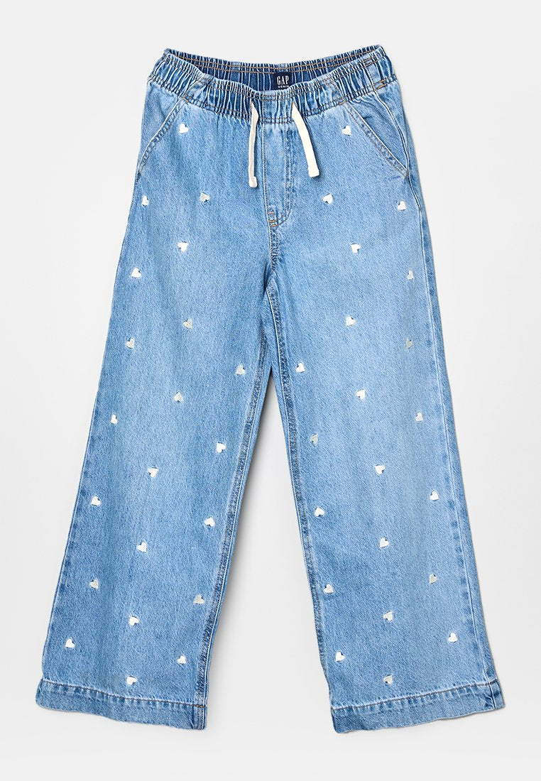 Hellblaue Jeans mit weitem Bein, elastischem Bund und Kordelzug, verziert mit verstreuten weißen, herzförmigen Stickakzenten.