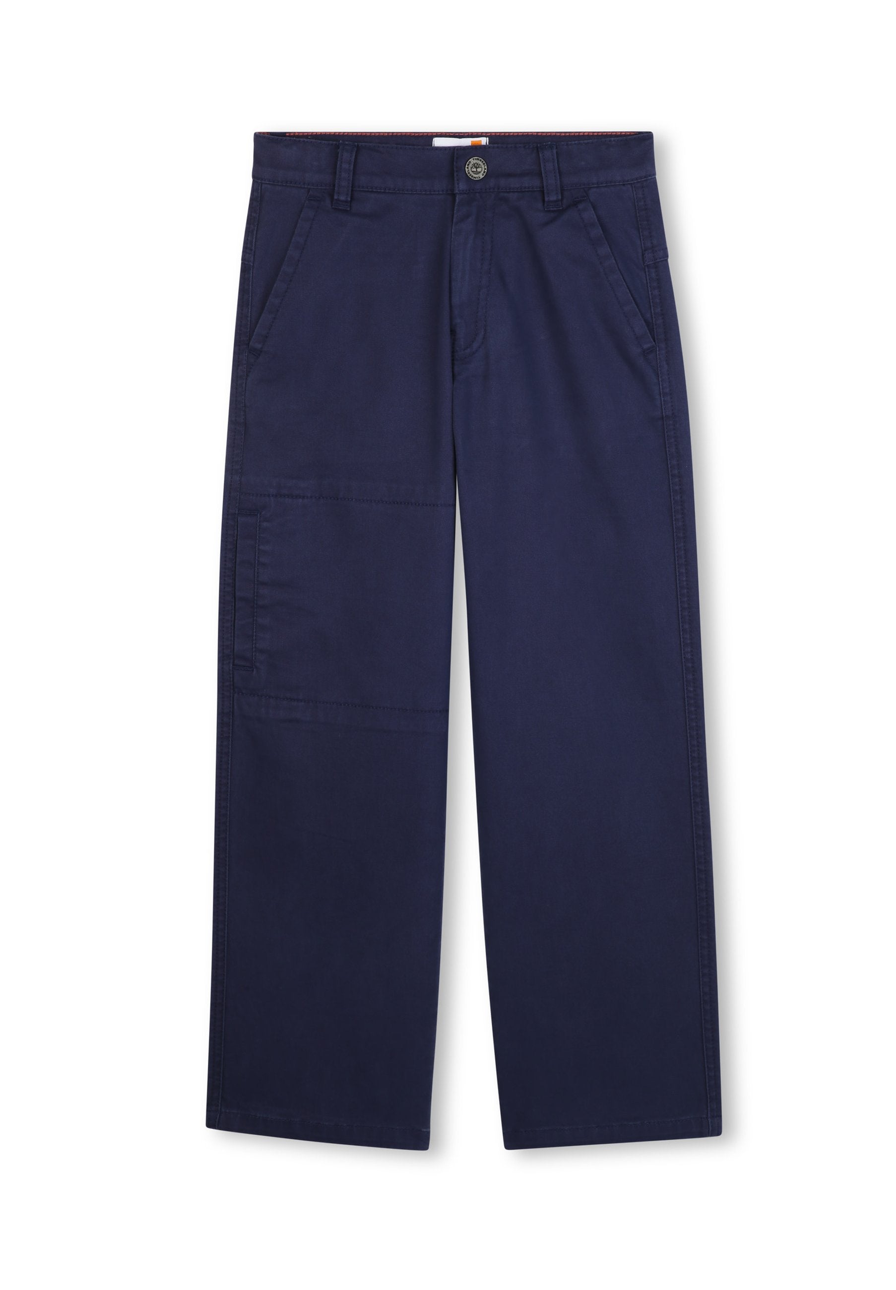 Marineblaue Hose aus Baumwolle, mit einem Knopfverschluss, zwei vorderen Taschen und einer seitlichen Cargotasche für zusätzlichen Nutzen.