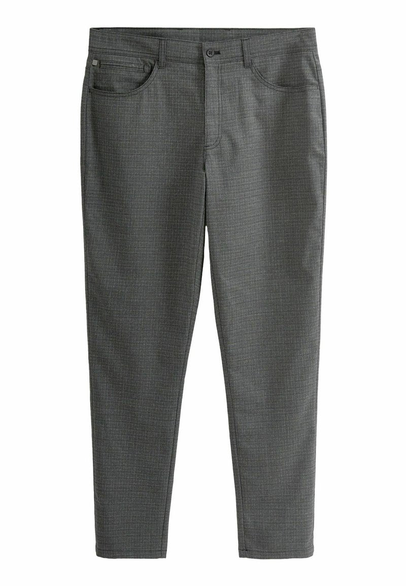 Grau gemusterte Hose mit schmaler Passform, ausgestattet mit Vorderaschen und einem Knopfverschluss, aus einem weichen, strukturierten Stoff gefertigt.