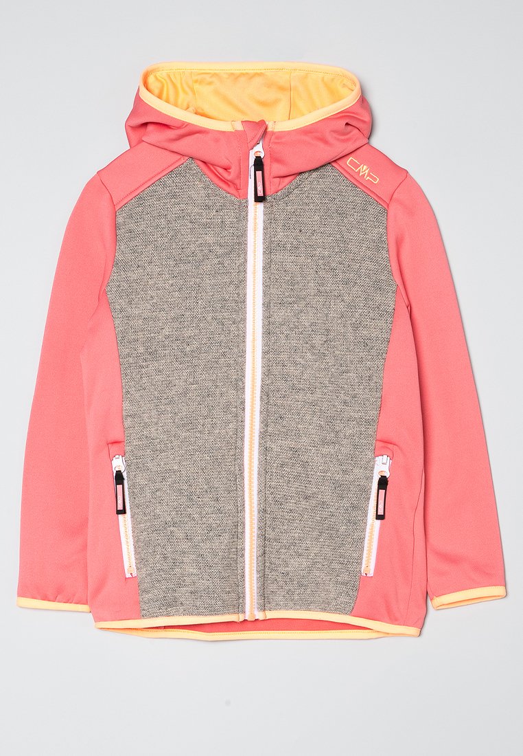 Rosa und graue Softshell-Jacke mit Reißverschluss vorne, Kapuze und zwei seitlichen Taschen. Mit kontrastierendem gelbem Innenfutter und schwarzen Reißverschlüssen.