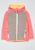 Rosa und graue Softshell-Jacke mit Reißverschluss vorne, Kapuze und zwei seitlichen Taschen. Mit kontrastierendem gelbem Innenfutter und schwarzen Reißverschlüssen.