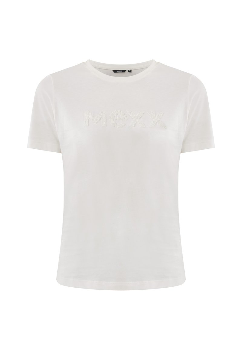 Weißes Kurzarm-T-Shirt mit rundem Halsausschnitt, das auf der Vorderseite "MXX" in strukturiertem Stickereimuster zeigt. Glattes Baumwollmaterial.