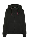 Schwarzer Kapuzenpullover mit Reißverschluss, pinken Kordeln, kleinem pinken besticktem Logo auf der linken Brust, Vorderentaschen sowie gerippten Bündchen und Saum.