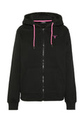 Schwarzer Kapuzenpullover mit Reißverschluss, pinken Kordeln, kleinem pinken besticktem Logo auf der linken Brust, Vorderentaschen sowie gerippten Bündchen und Saum.