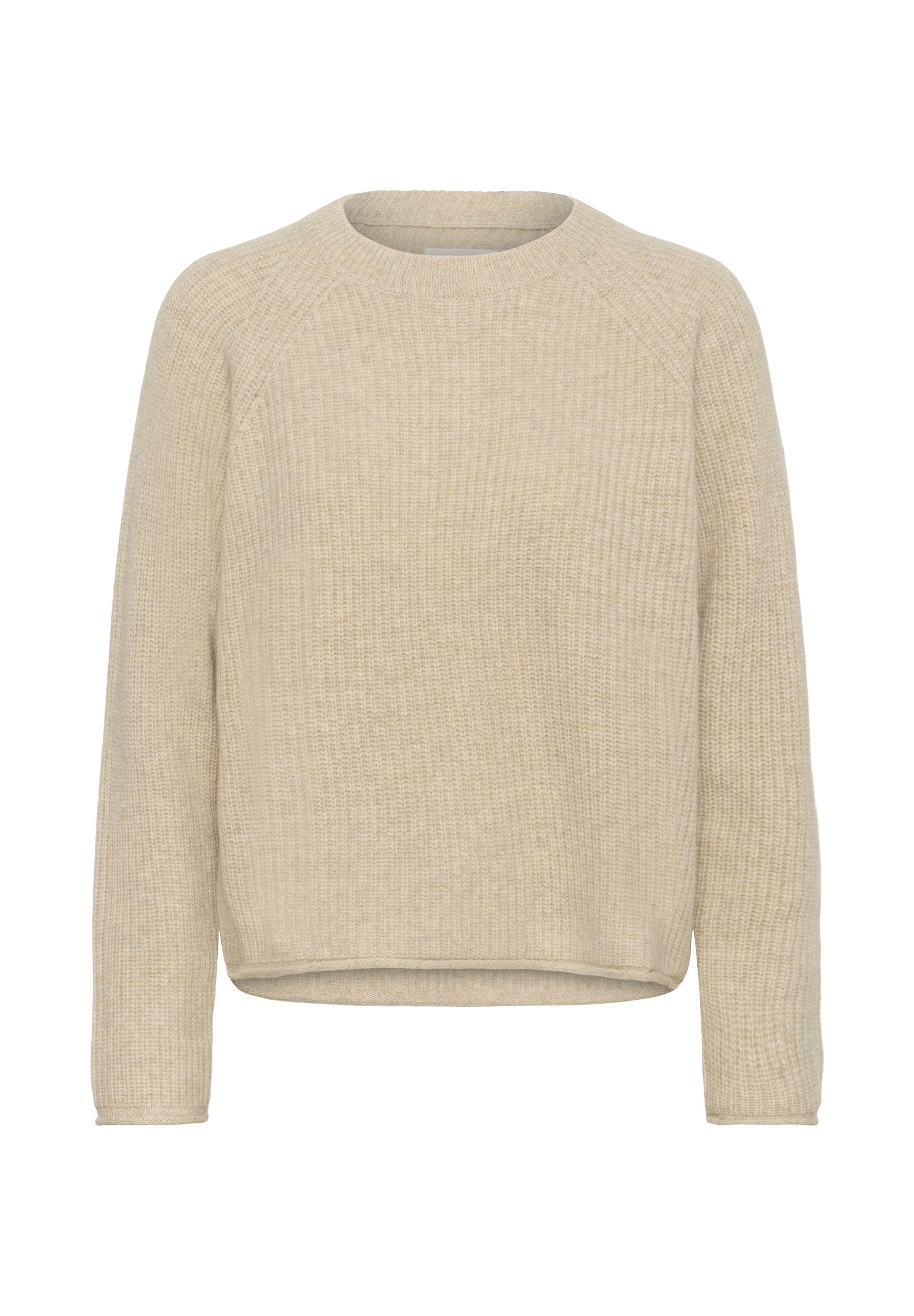 Beiger Rippstrickpullover mit Rundhalsausschnitt, langen Raglanärmeln und einem leicht verkürzten Saum. Weicher Stoff mit lässiger Passform.