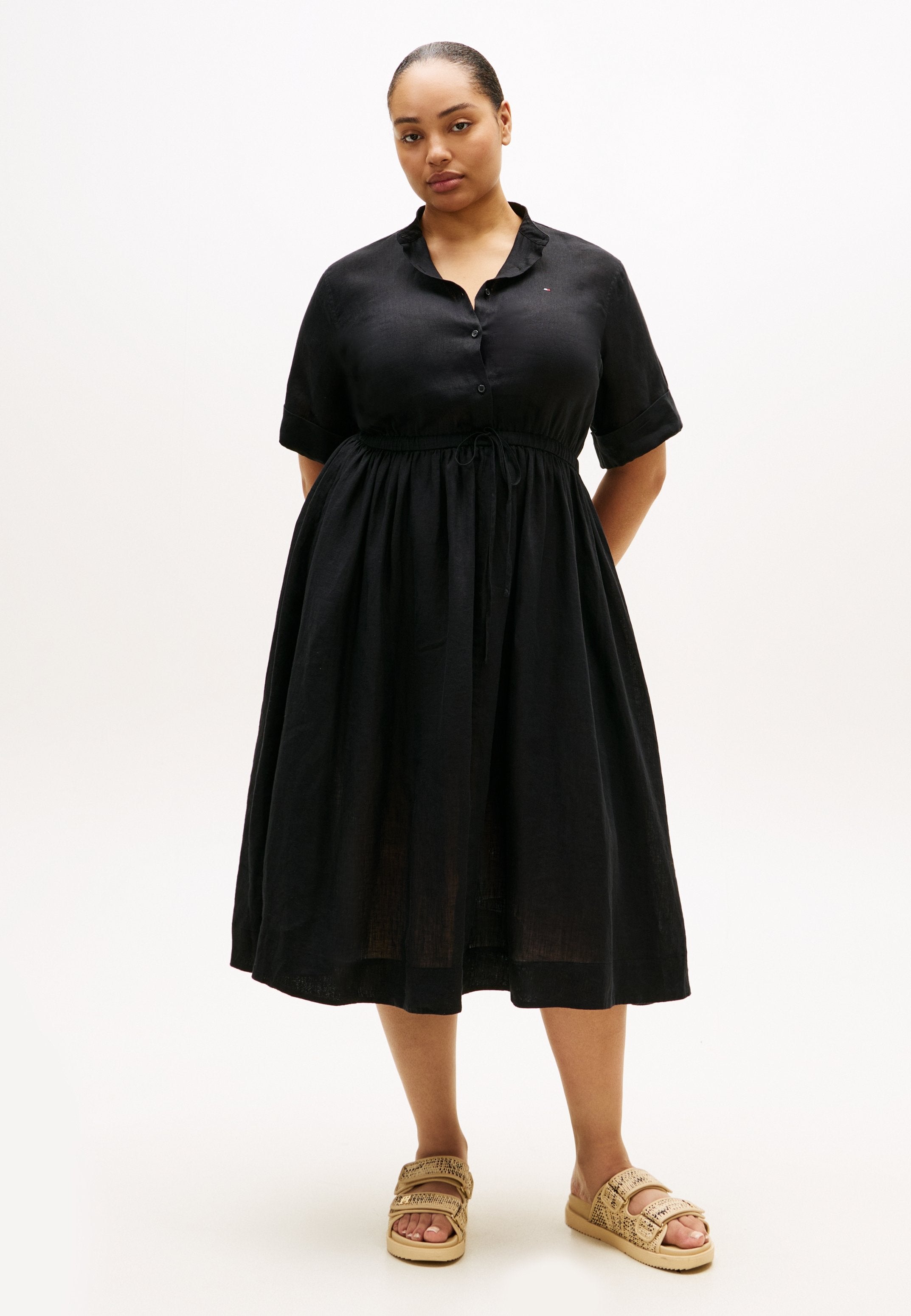 CURVE PRINT PURE LINEN MIDI SHIRT DRESS Media 2