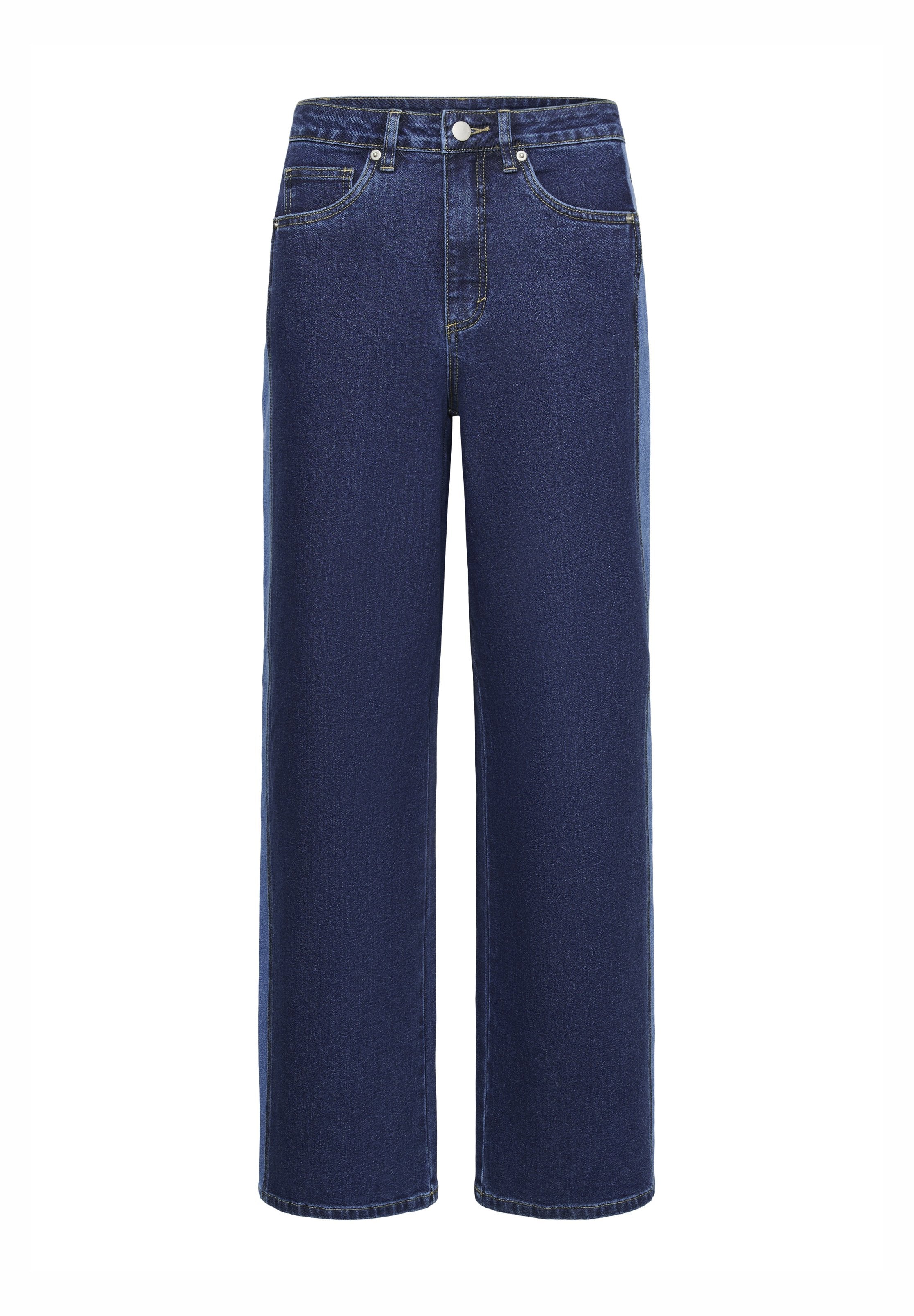 Dunkelblaue Jeans im weit geschnittenen Design, mit Knopfverschluss, Gürtelschlaufen und vorderen Taschen. Glatte Textur, klassischer Stil.