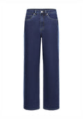 Dunkelblaue Jeans im weit geschnittenen Design, mit Knopfverschluss, Gürtelschlaufen und vorderen Taschen. Glatte Textur, klassischer Stil.
