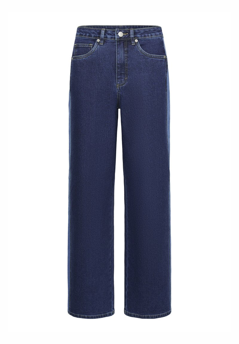 Dunkelblaue Jeans im weit geschnittenen Design, mit Knopfverschluss, Gürtelschlaufen und vorderen Taschen. Glatte Textur, klassischer Stil.