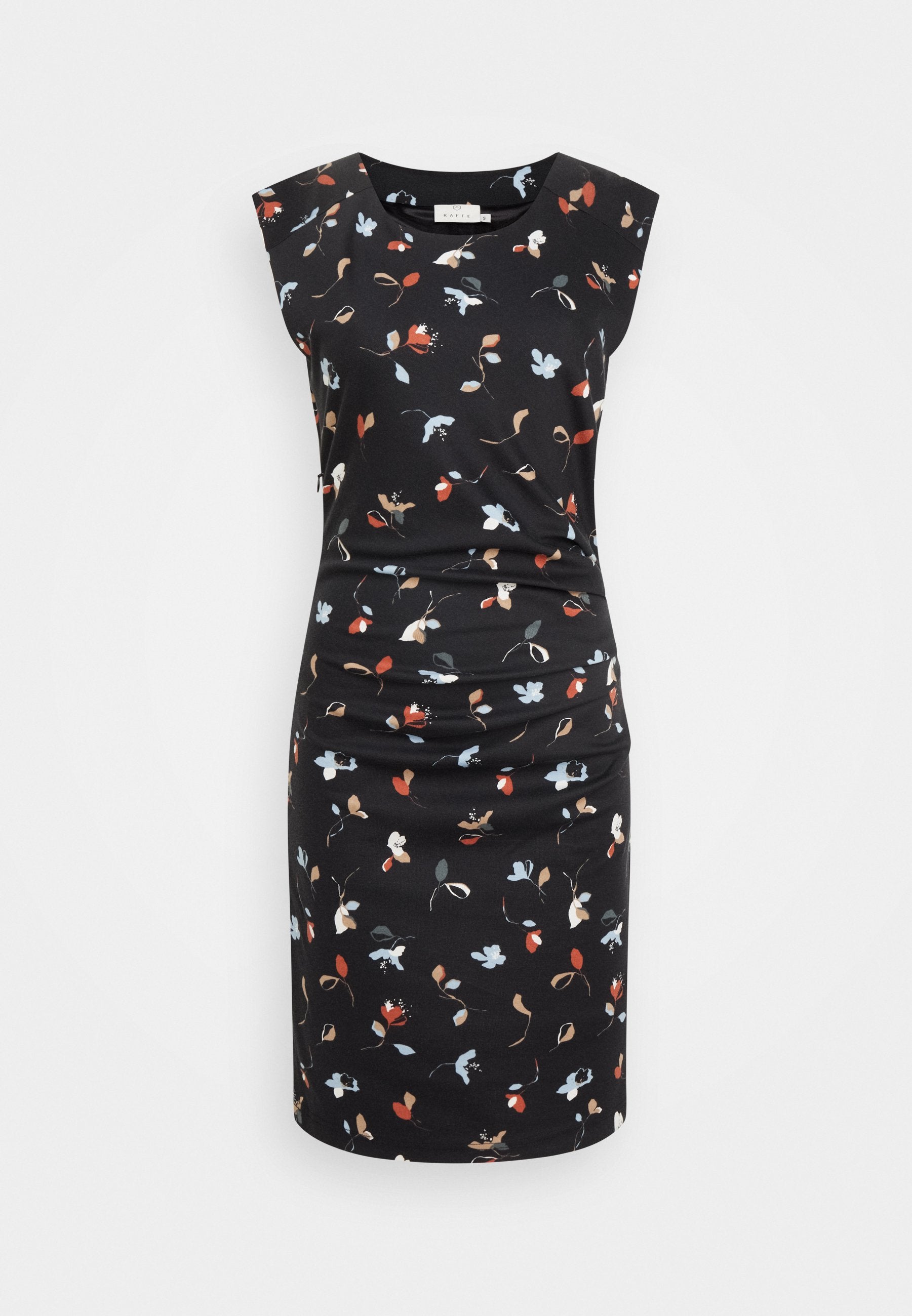 Schwarzes Kleid mit kurzen Ärmelchen, versehen mit einem floralen Muster in Rot, Blau und Beige. Entworfen mit einer taillierten Silhouette und Raffung.