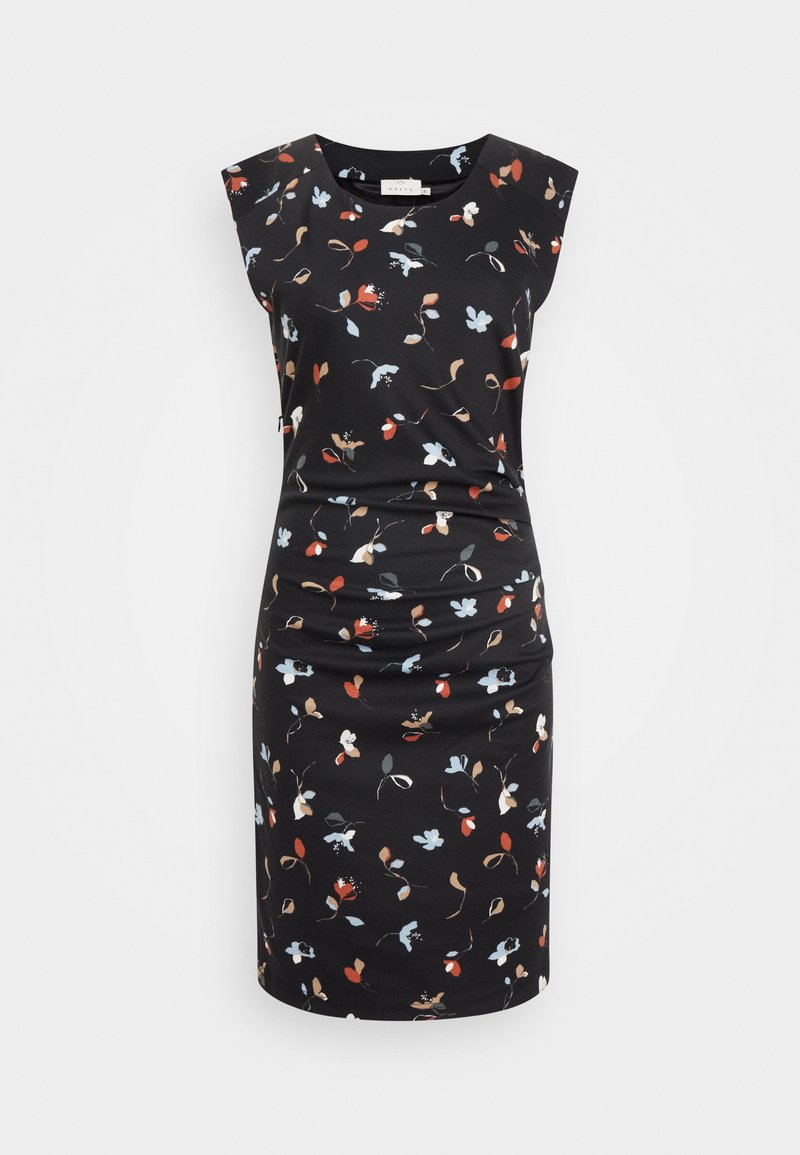 Schwarzes Kleid mit kurzen Ärmelchen, versehen mit einem floralen Muster in Rot, Blau und Beige. Entworfen mit einer taillierten Silhouette und Raffung.