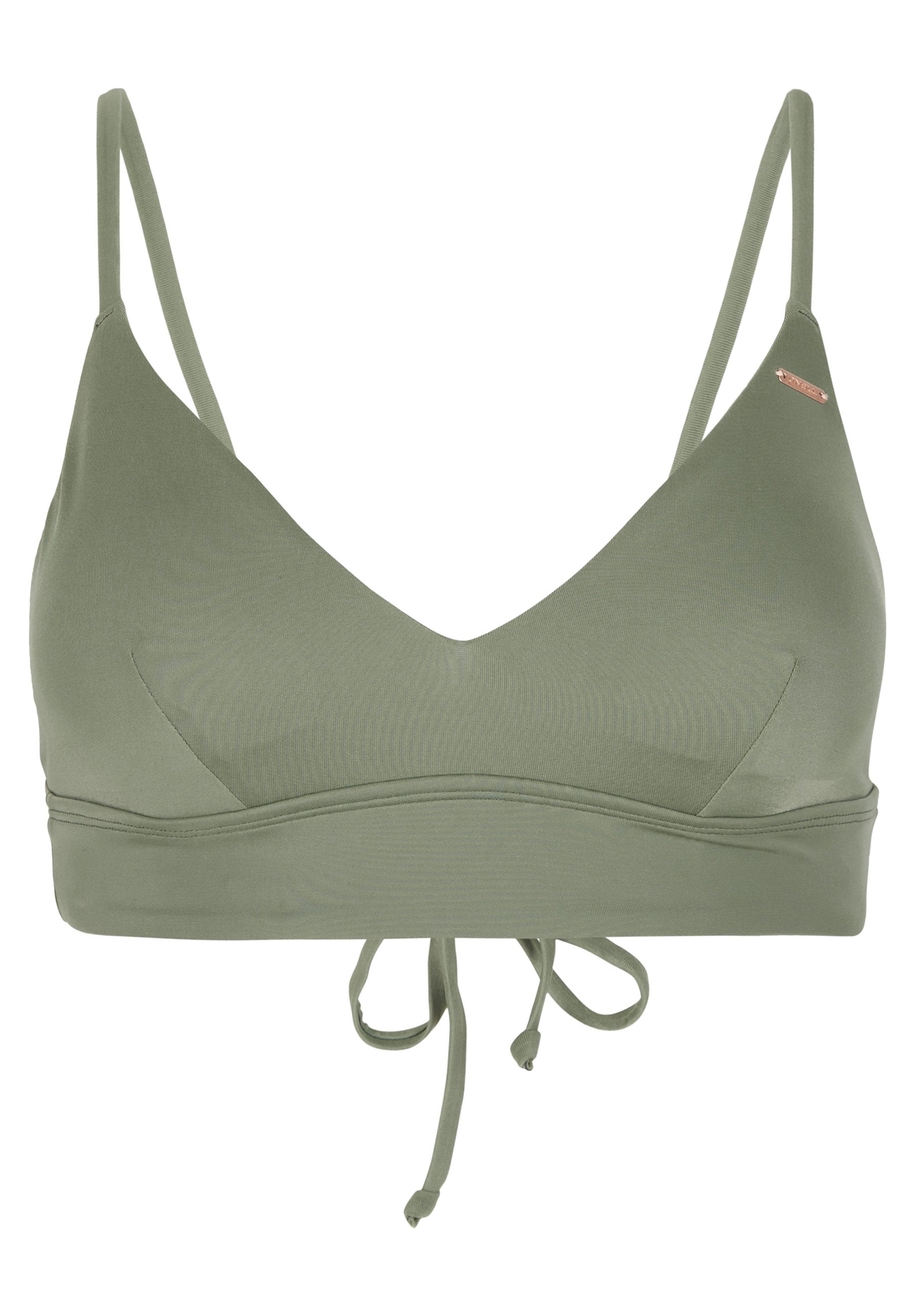 Olivgrüner Bralette mit dünnen, verstellbaren Trägern und einem vorn gebundenen Detail, ausgestattet mit einem kleinen rosegoldenen Markentag auf der linken Cup-Seite.