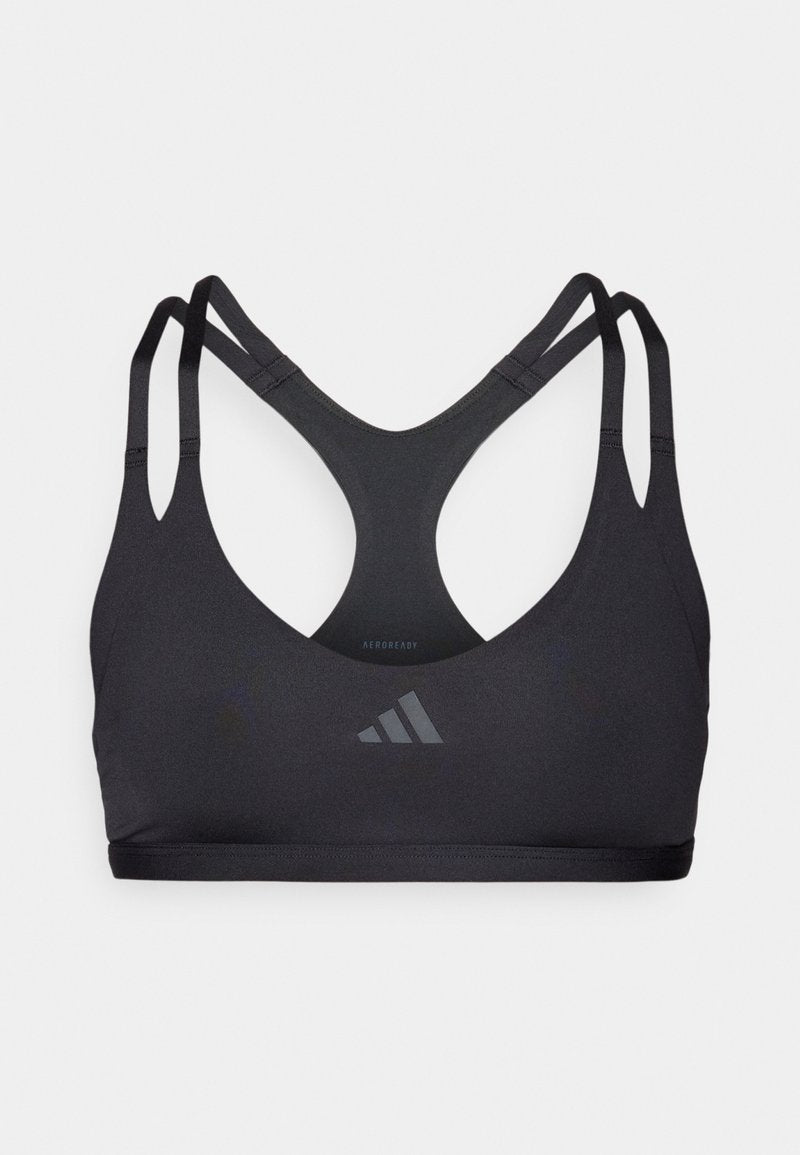 Schwarzer Sport-BH mit glatter Textur, Racerback-Design und dünnen Trägern. Verfügt über dezente Markenkennzeichnung auf der Vorderseite und einen atmungsaktiven Schnitt.