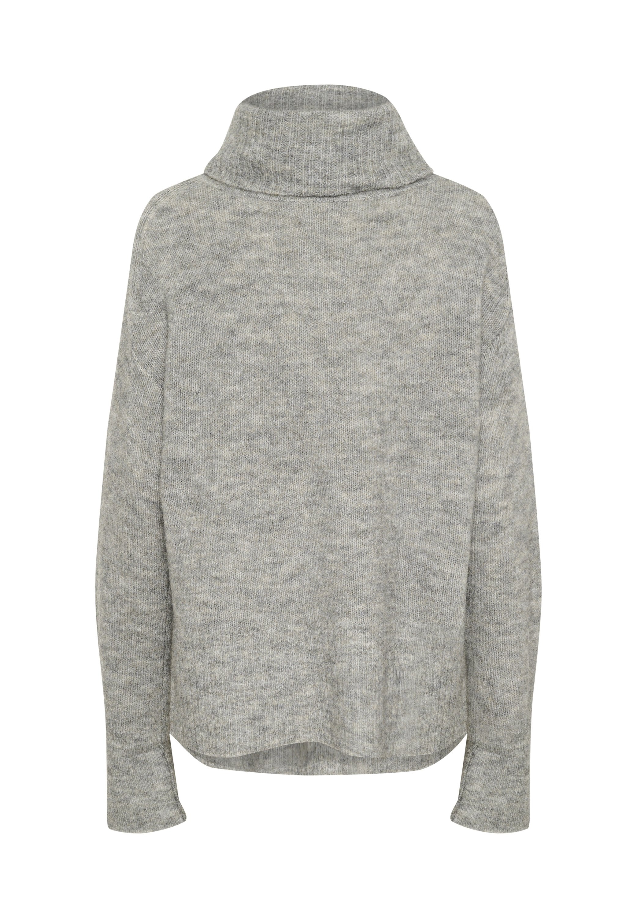 Grauer Rollkragenpullover aus weichem Strickmaterial. Verfügt über einen lockeren Schnitt, lange Ärmel und einen hohen Kragen mit gerippten Details.
