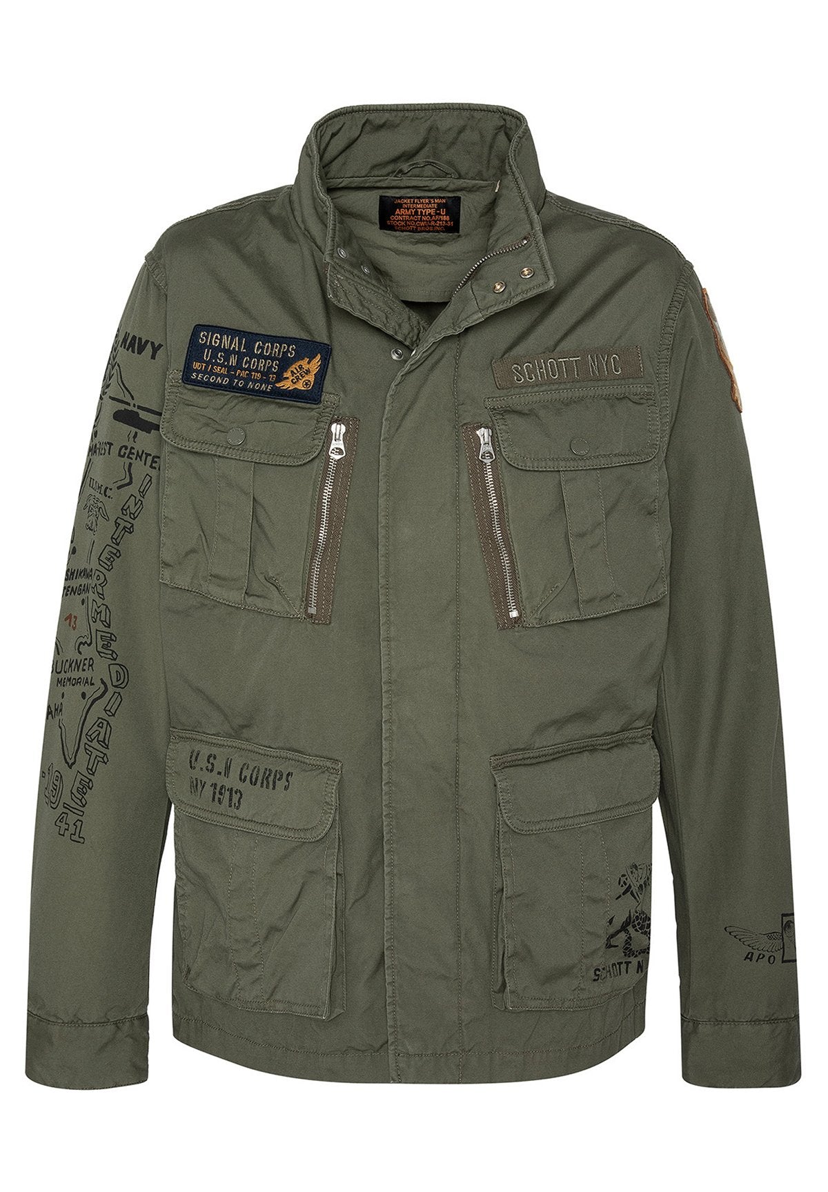 Olivgrüne, militärisch inspirierte Jacke aus Baumwollmischung, ausgestattet mit mehreren Fronttaschen, Reißverschlussöffnungen sowie bedruckten Aufnähern mit Text und Grafiken.