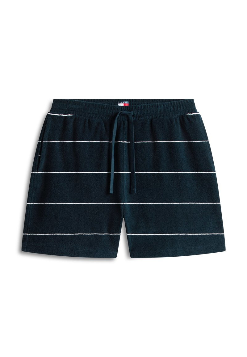 Marineblaue Terrycloth-Shorts mit weißen horizontalen Streifen, elastischem Bund und vorderem Kordelzug.