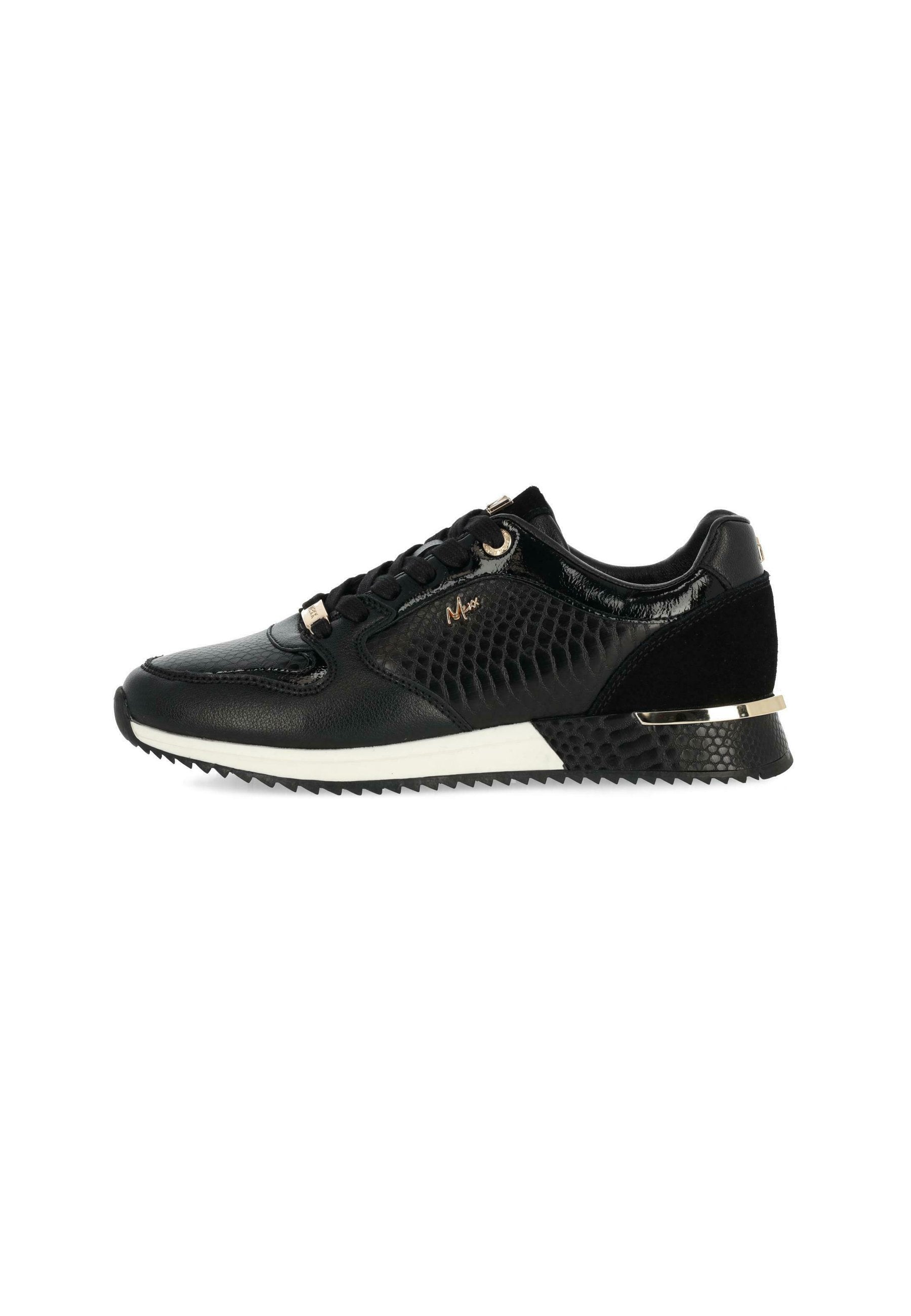 Schwarze Sneaker aus Lackleder und strukturierten Einsätzen. Mit Schnürdesign, goldenen Akzenten und einer kontrastierenden weißen Sohle mit Profilrillen.