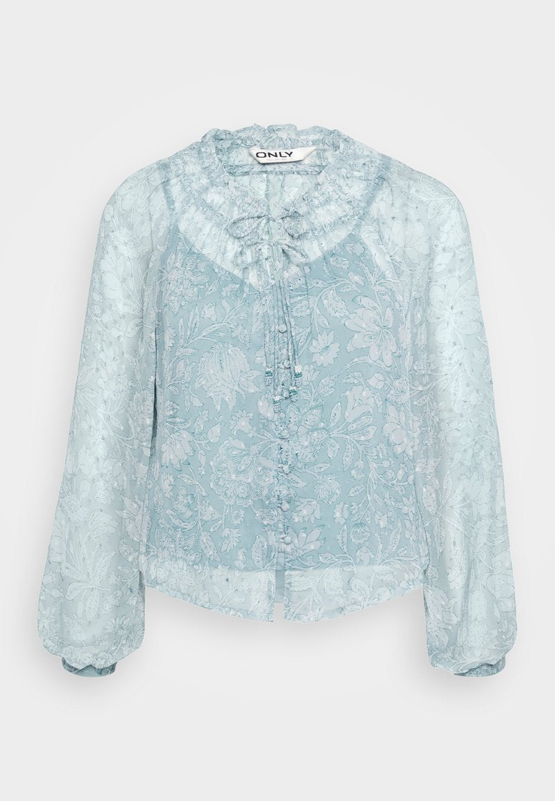 Hellbluse mit floralem Muster, Rüschenausschnitt, langen Puffärmeln und Knopfbefestigung an der Vorderseite. Transparenter Stoff.