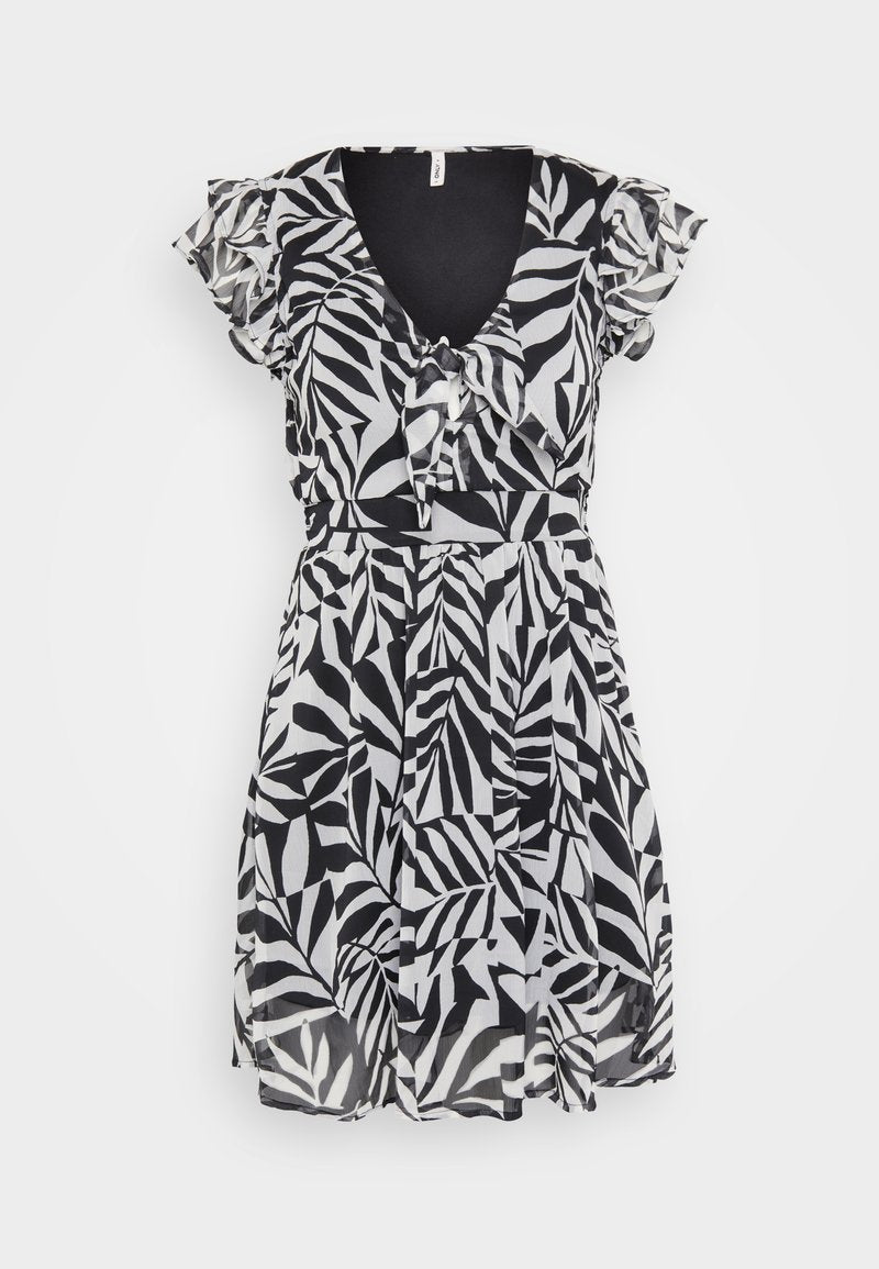 Schwarz-weißes Kleid mit Blattmuster, Schmetterlingsärmeln, V-Ausschnitt und Taillengürtel. Aus leichtem Material gefertigt, mit schwingendem Rock.