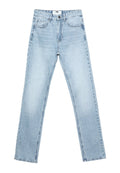 Helle blaue Jeans mit hoher Taille, geradem Bein-Design, fünf Taschen und Knopfverschluss. Ausgewaschene Textur mit dezenten Ausbleichdetails.