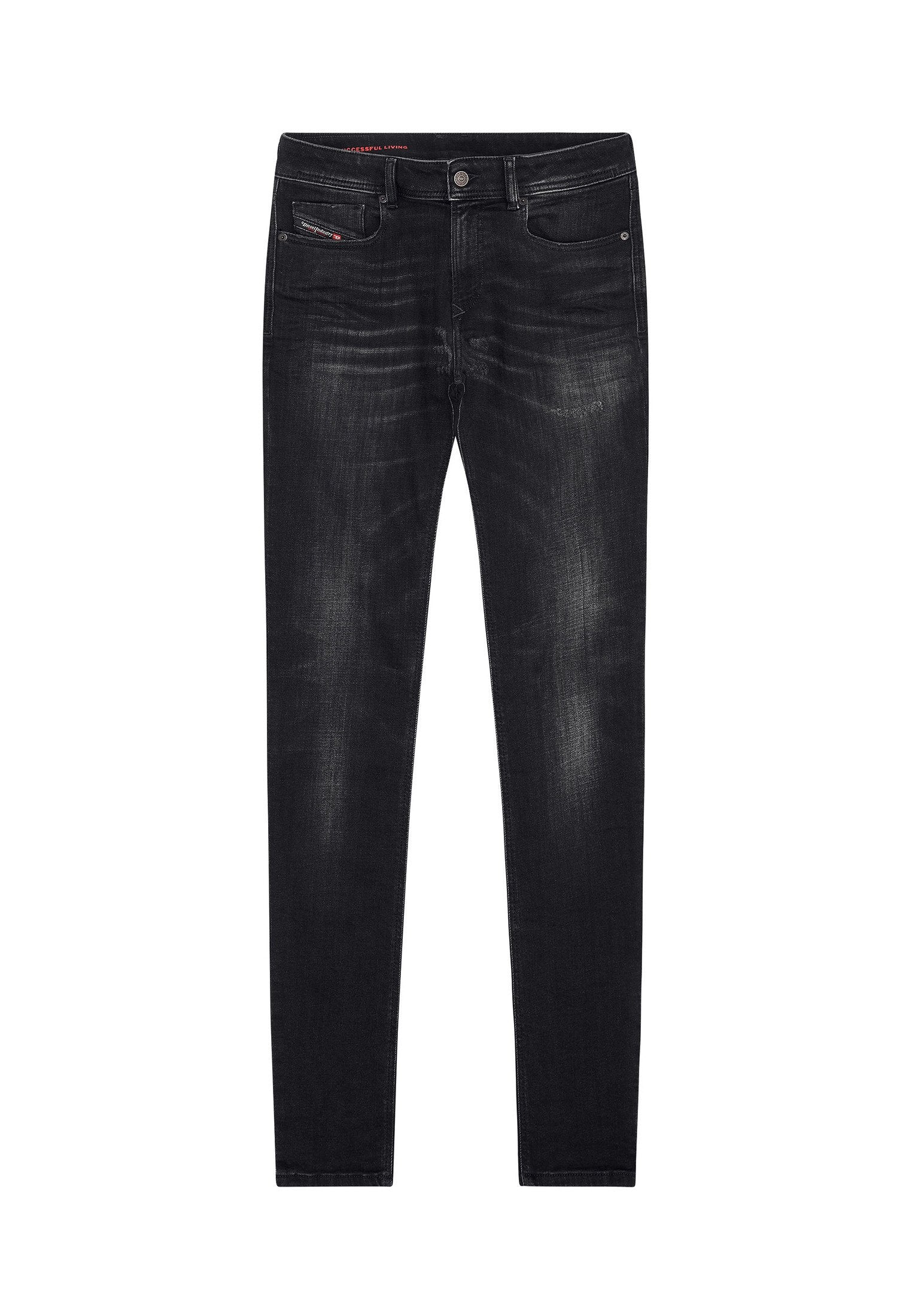 Schwarze Denim-Skinny-Jeans mit dezentem Verblassen. Verfügt über einen Knopfverschluss, fünf Taschen und kontrastierende rote Steppnähte.