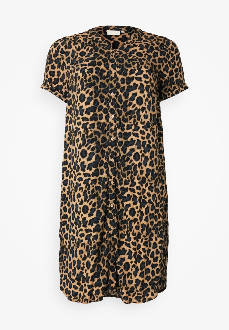 Leopardenmuster Hemdkleid mit durchgehender Knopfleiste, kurzen Ärmeln, lockerer Passform und einer Mischung aus hellbraunen und schwarzen Farben.