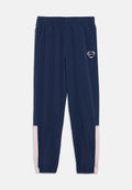 Marineblaue Sporthose mit elastischem Bund, Seitentaschen, hellrosa Einsätzen an den Unterschenkeln und weißem Nike-Logo am linken Oberschenkel.
