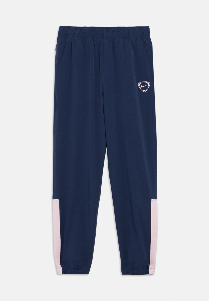 Marineblaue Sporthose mit elastischem Bund, Seitentaschen, hellrosa Einsätzen an den Unterschenkeln und weißem Nike-Logo am linken Oberschenkel.
