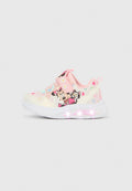 Rosa Kindersneaker mit einem Obermaterial aus Canvas, verziert mit Minnie-Maus- und Katzenmotiv, strukturierten Akzenten und leuchtender Sohle.