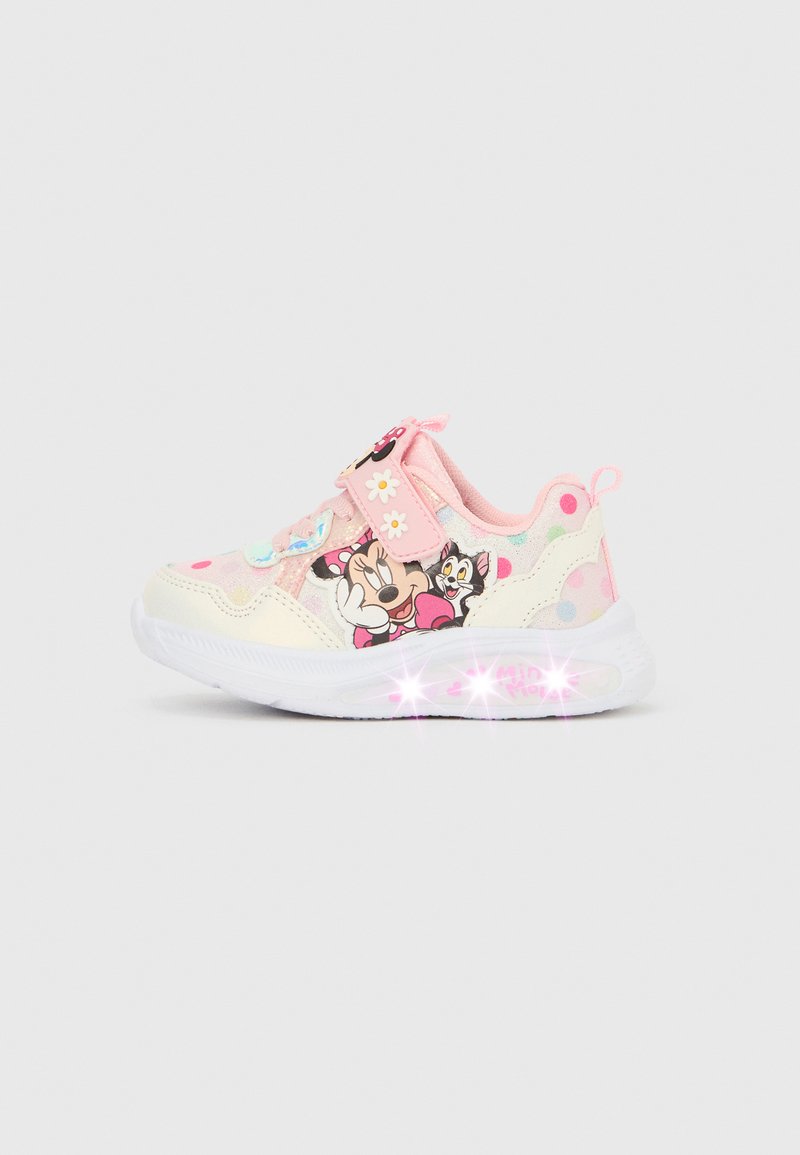 Rosa Kindersneaker mit einem Obermaterial aus Canvas, verziert mit Minnie-Maus- und Katzenmotiv, strukturierten Akzenten und leuchtender Sohle.